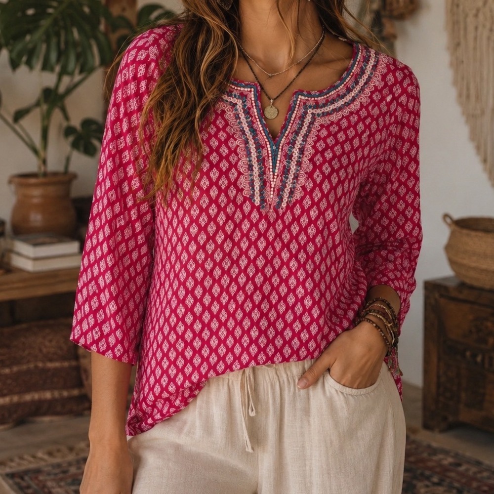 Talbots Pink White Geometric Embroidered Tunic Cotton Boho Blouse Medium pp